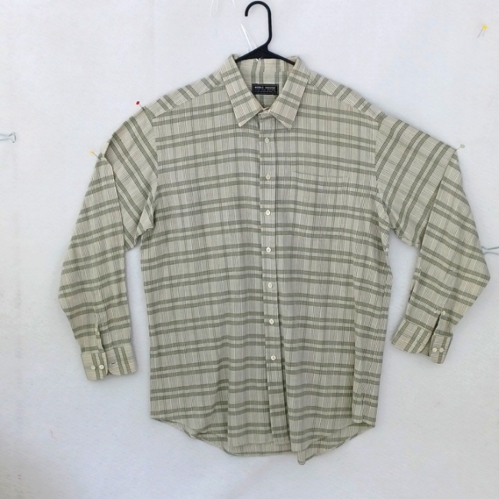 Custom Nobel House Men's Green/Grey/White Plaid Long Sleeve Cotton Shirt, XL